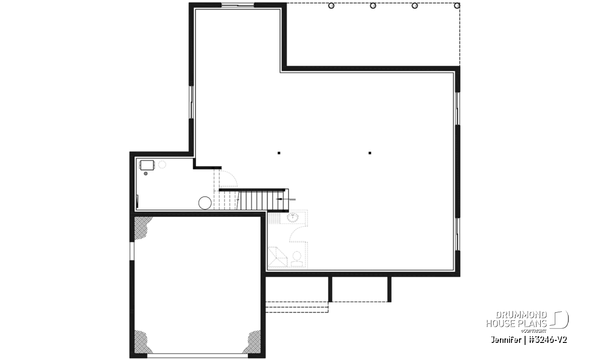 Basement - One-storey ranch house plan with 2-car garage, large kitchen with island and open to living room and backyard - Jennifer