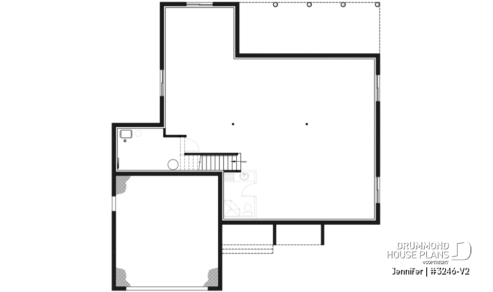 Basement - One-storey ranch house plan with 2-car garage, large kitchen with island and open to living room and backyard - Jennifer