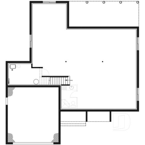 Basement - One-storey ranch house plan with 2-car garage, large kitchen with island and open to living room and backyard - Jennifer