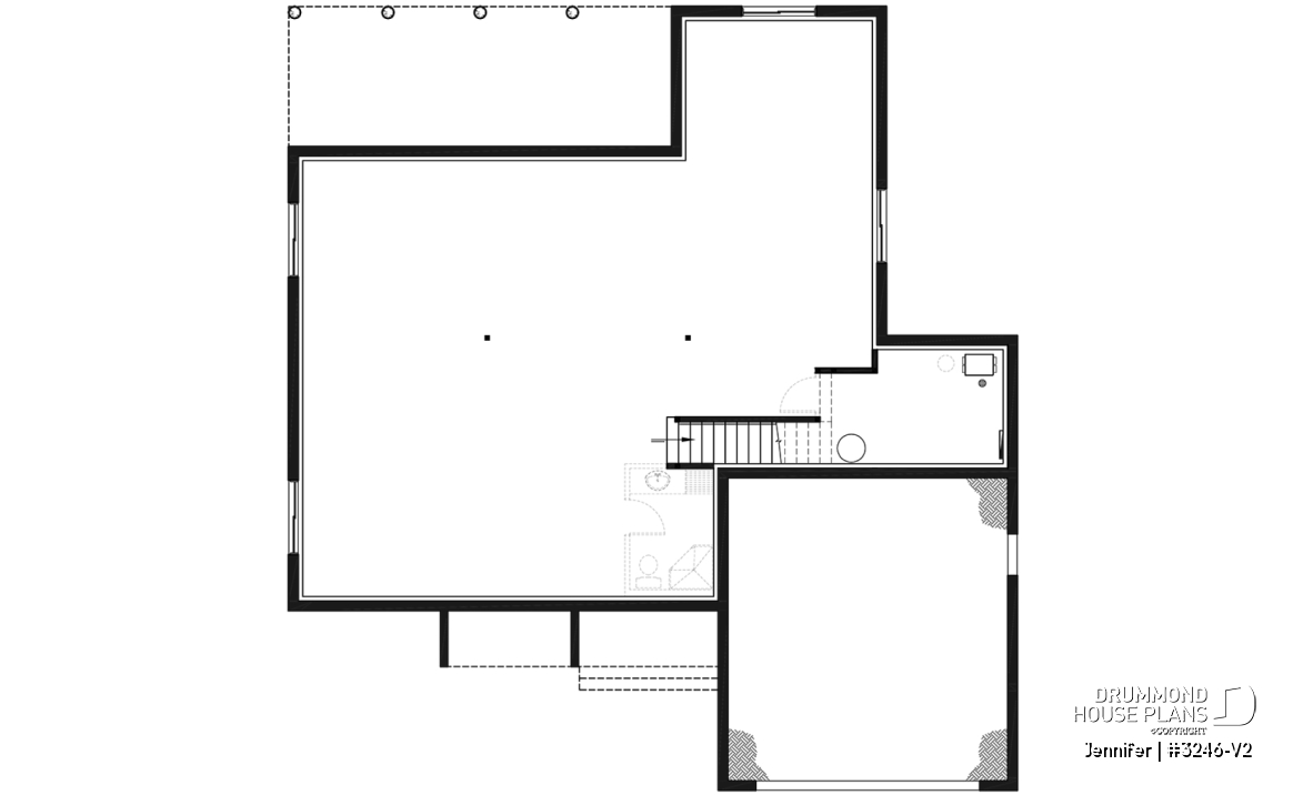 Basement - One-storey ranch house plan with 2-car garage, large kitchen with island and open to living room and backyard - Jennifer