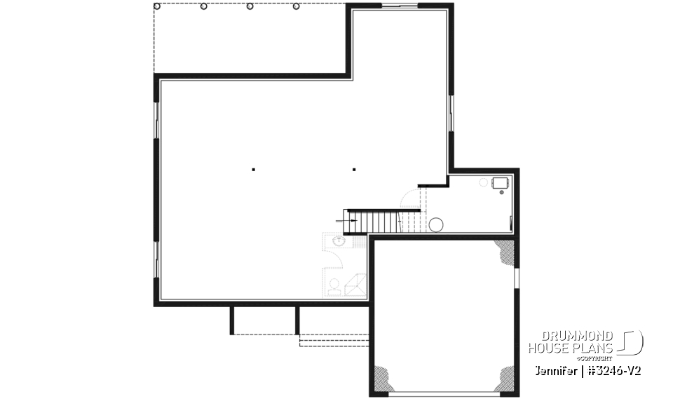 Basement - One-storey ranch house plan with 2-car garage, large kitchen with island and open to living room and backyard - Jennifer
