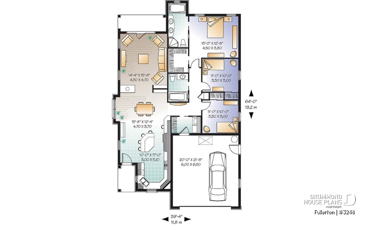 1st level - Craftsman 3 bedroom, 2 bathroom one-storey house plan, lanai, 2-car garage, laundry, fireplace - Fullerton
