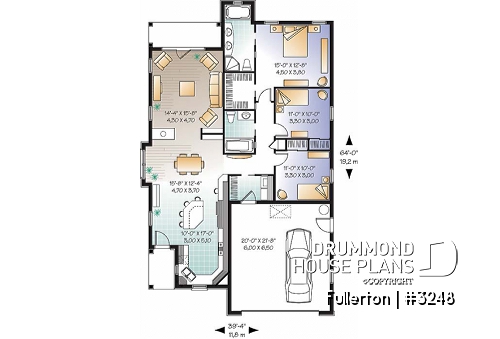1st level - Craftsman 3 bedroom, 2 bathroom one-storey house plan, lanai, 2-car garage, laundry, fireplace - Fullerton