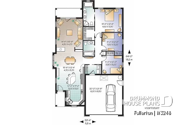1st level - Craftsman 3 bedroom, 2 bathroom one-storey house plan, lanai, 2-car garage, laundry, fireplace - Fullerton