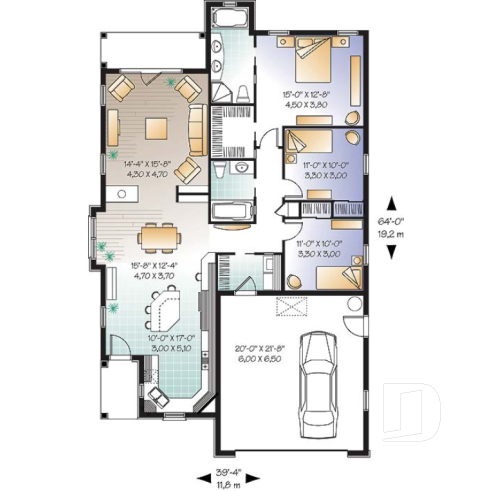 1st level - Craftsman 3 bedroom, 2 bathroom one-storey house plan, lanai, 2-car garage, laundry, fireplace - Fullerton