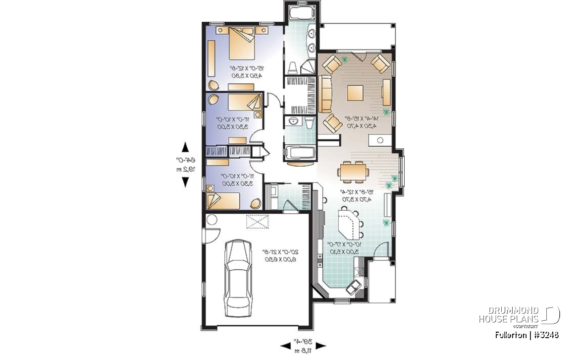 1st level - Craftsman 3 bedroom, 2 bathroom one-storey house plan, lanai, 2-car garage, laundry, fireplace - Fullerton