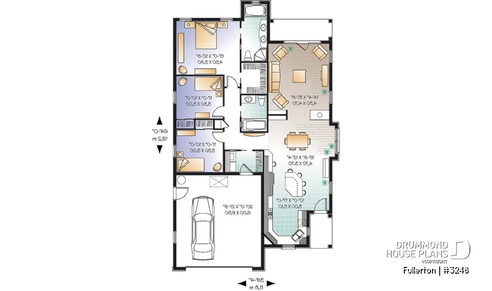 1st level - Craftsman 3 bedroom, 2 bathroom one-storey house plan, lanai, 2-car garage, laundry, fireplace - Fullerton