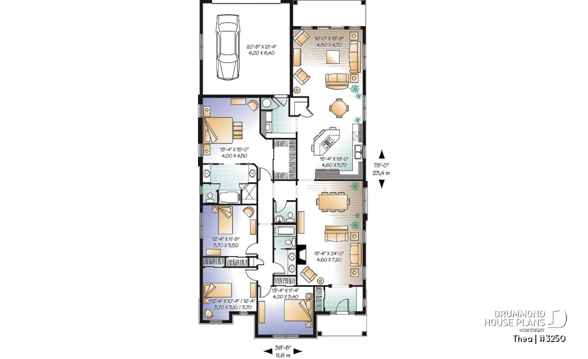 1st level - 4 bedroom ranch style home plan with 2 living rooms and rear entry 2-car garage - Thea