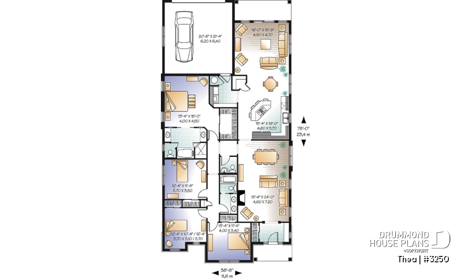 1st level - 4 bedroom ranch style home plan with 2 living rooms and rear entry 2-car garage - Thea