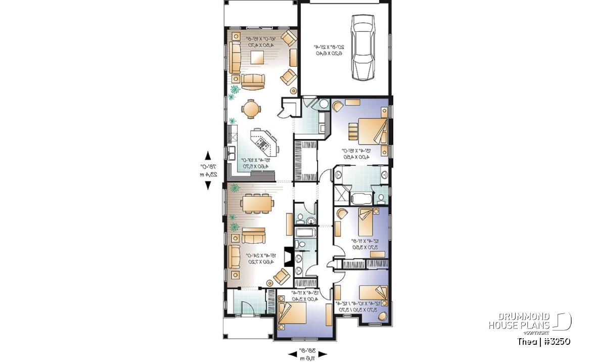 1st level - 4 bedroom ranch style home plan with 2 living rooms and rear entry 2-car garage - Thea