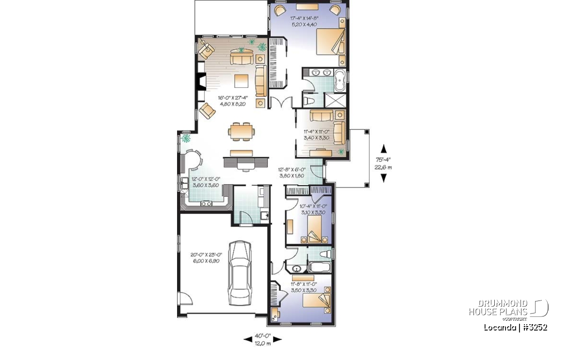 1st level - One-story 3 to 4 bedroom house plan, 2-car garage, fireplace, laundry room on main floor - Locanda