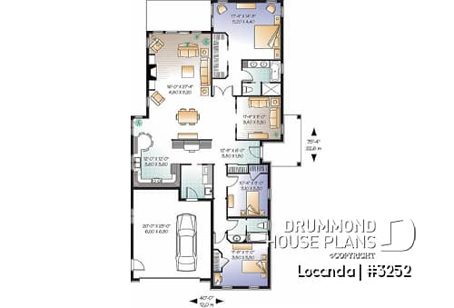 1st level - One-story 3 to 4 bedroom house plan, 2-car garage, fireplace, laundry room on main floor - Locanda