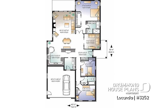 1st level - One-story 3 to 4 bedroom house plan, 2-car garage, fireplace, laundry room on main floor - Locanda