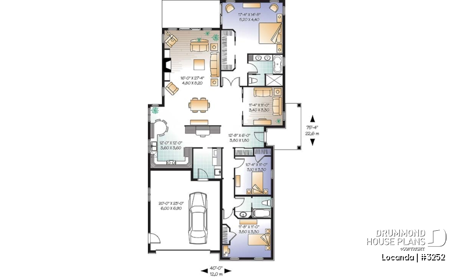 1st level - One-story 3 to 4 bedroom house plan, 2-car garage, fireplace, laundry room on main floor - Locanda