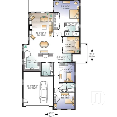 1st level - One-story 3 to 4 bedroom house plan, 2-car garage, fireplace, laundry room on main floor - Locanda
