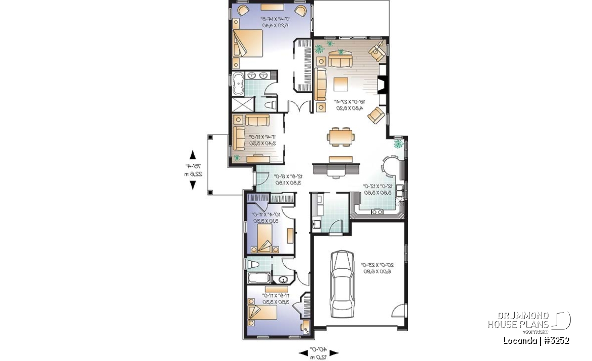 1st level - One-story 3 to 4 bedroom house plan, 2-car garage, fireplace, laundry room on main floor - Locanda