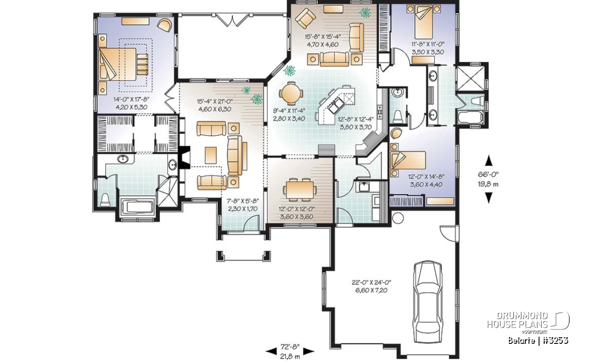 1st level - Mediterranean 3 bedroom house plan, with 13' ceilings, double garage and lanai - Belarte