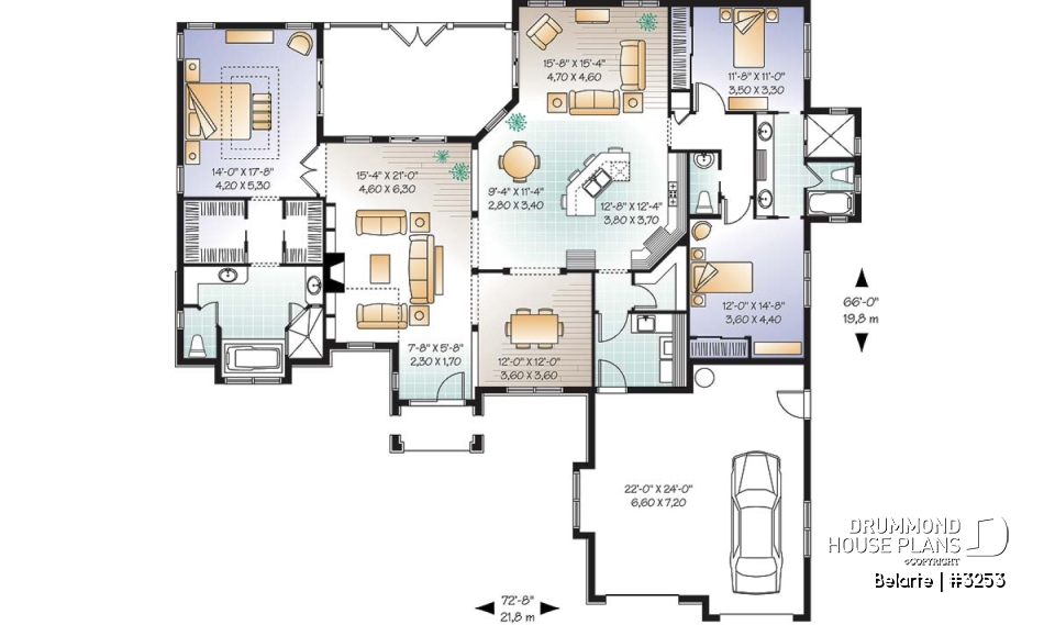1st level - Mediterranean 3 bedroom house plan, with 13' ceilings, double garage and lanai - Belarte