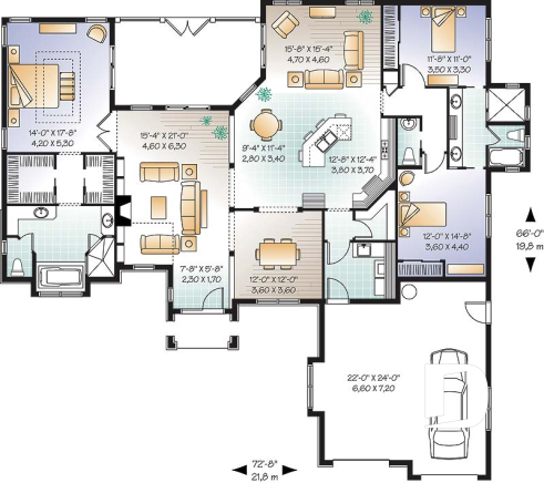 1st level - Mediterranean 3 bedroom house plan, with 13' ceilings, double garage and lanai - Belarte