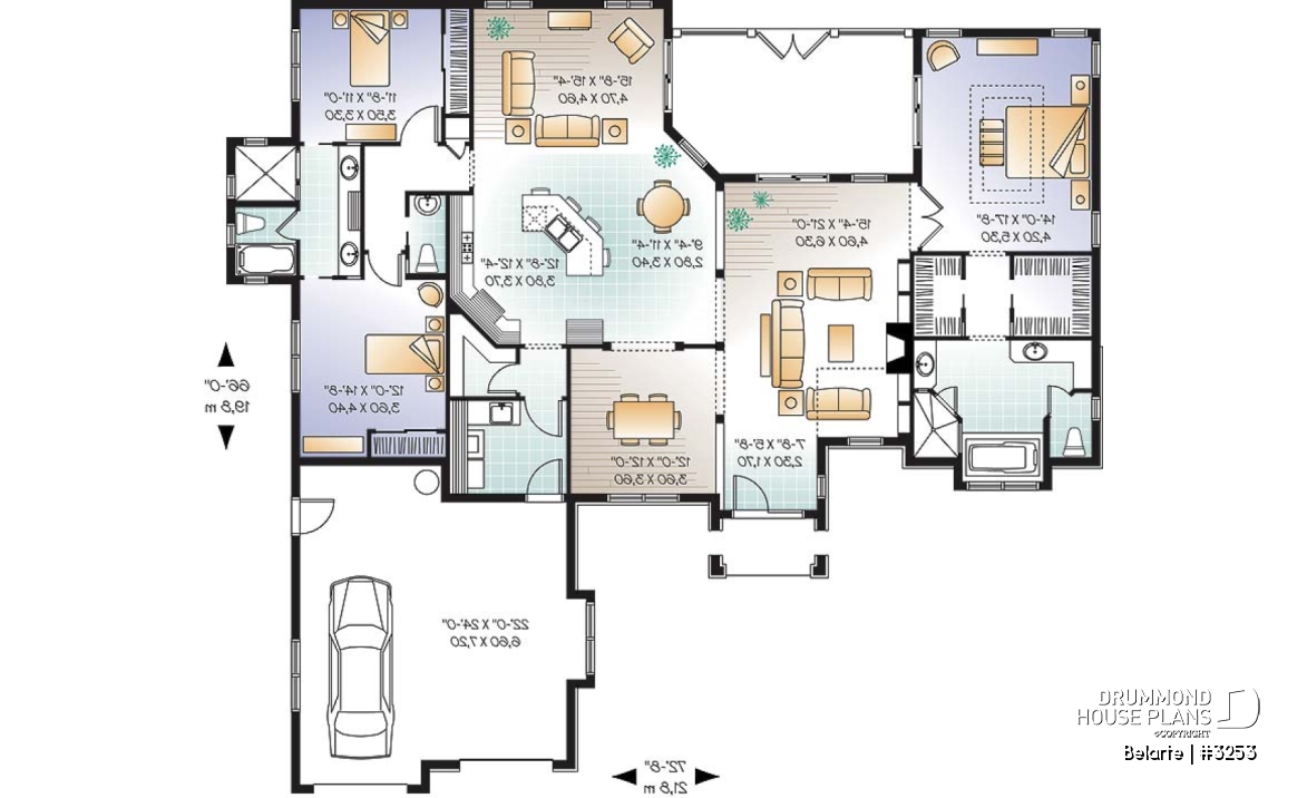1st level - Mediterranean 3 bedroom house plan, with 13' ceilings, double garage and lanai - Belarte
