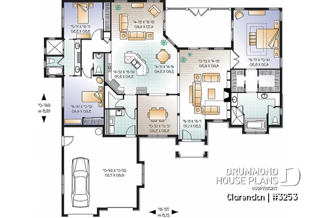 1st level - Mediterranean 3 bedroom house plan, with 13' ceilings, double garage and lanai - Belarte