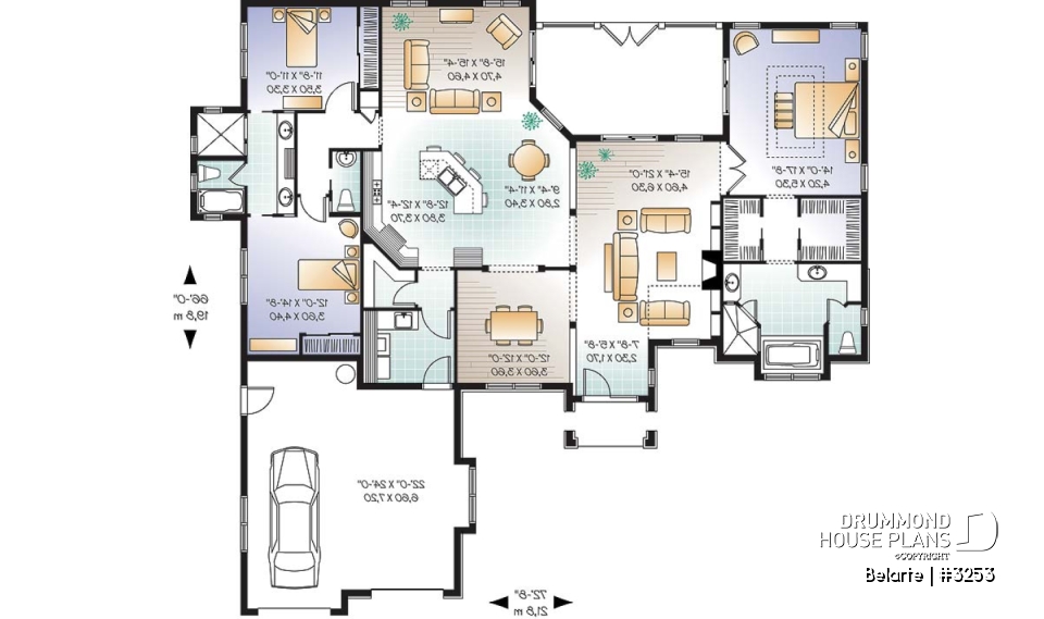 1st level - Mediterranean 3 bedroom house plan, with 13' ceilings, double garage and lanai - Belarte