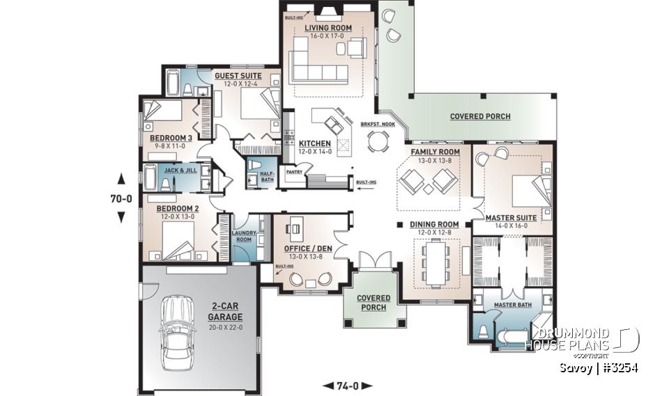 1st level - Large 4 bedroom Mediterranean style house plan with 3.5 baths, 2-car garage, home office - Savoy