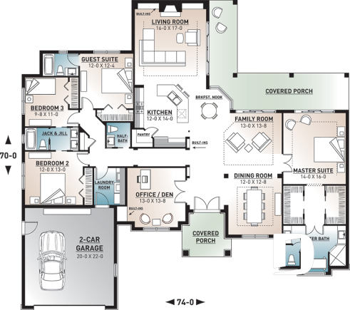 1st level - Large 4 bedroom Mediterranean style house plan with 3.5 baths, 2-car garage, home office - Savoy