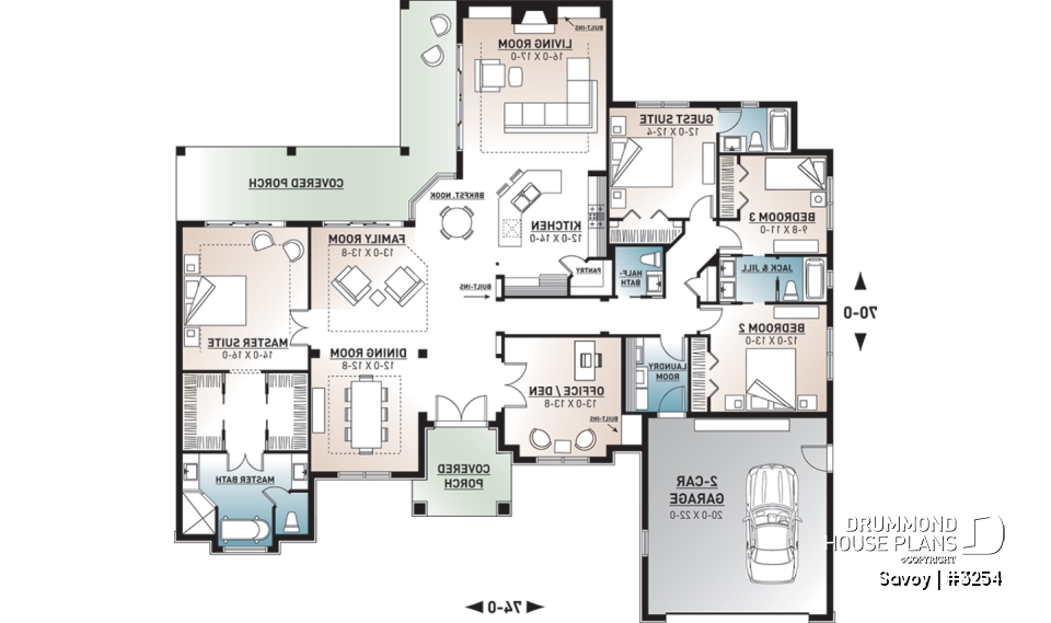 1st level - Large 4 bedroom Mediterranean style house plan with 3.5 baths, 2-car garage, home office - Savoy