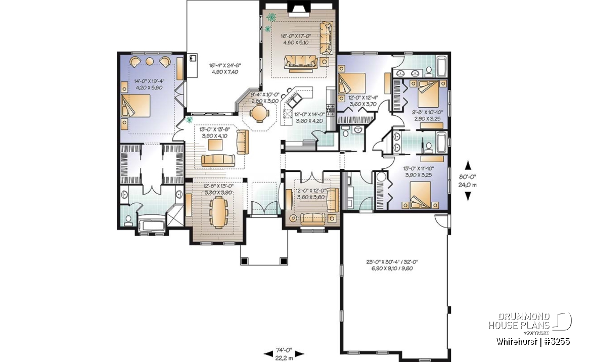 1st level - 4 bedroom Mediteraneanm home plan with 10' ceilngs and triple garage - Whitehurst