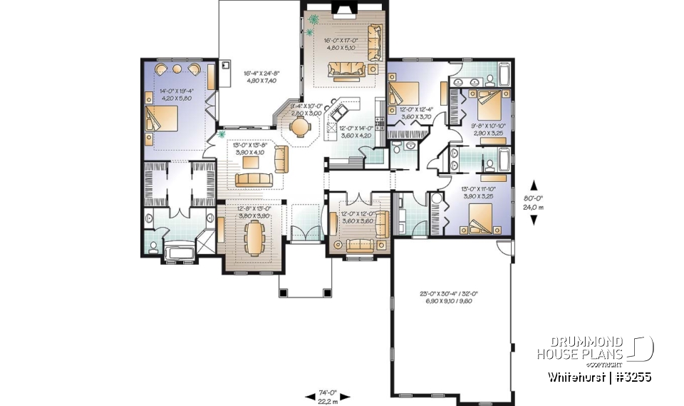 1st level - 4 bedroom Mediteraneanm home plan with 10' ceilngs and triple garage - Whitehurst