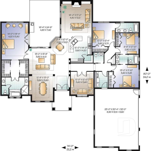 1st level - 4 bedroom Mediteraneanm home plan with 10' ceilngs and triple garage - Whitehurst