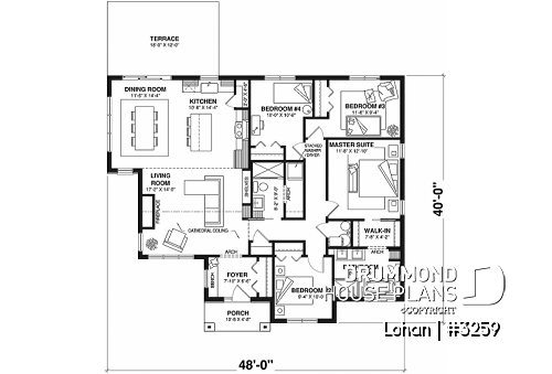 1st level - Single level house plan with 4 bedrooms, 2 bathrooms, kitchen with small pantry and master suite - Lohan