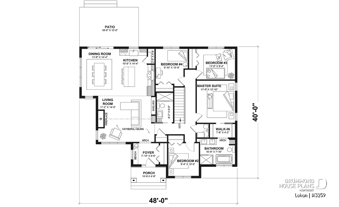 1st level - Basement foundation (Optional $) - Single level house plan with 4 bedrooms, 2 bathrooms, kitchen with small pantry and master suite - Lohan