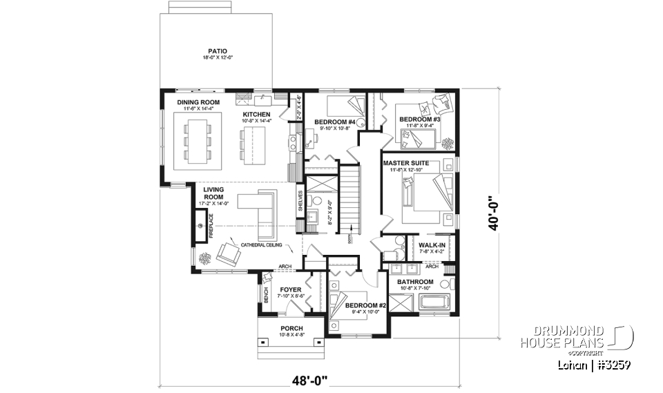 1st level - Basement foundation (Optional $) - Single level house plan with 4 bedrooms, 2 bathrooms, kitchen with small pantry and master suite - Lohan