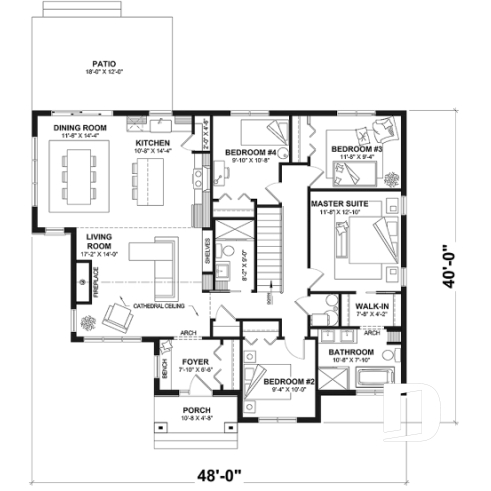 1st level - Basement foundation (Optional $) - Single level house plan with 4 bedrooms, 2 bathrooms, kitchen with small pantry and master suite - Lohan
