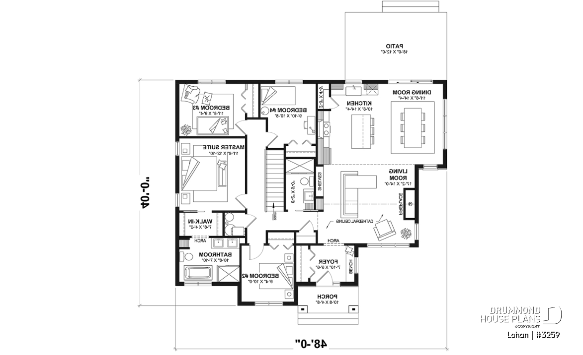 1st level - Basement foundation (Optional $) - Single level house plan with 4 bedrooms, 2 bathrooms, kitchen with small pantry and master suite - Lohan