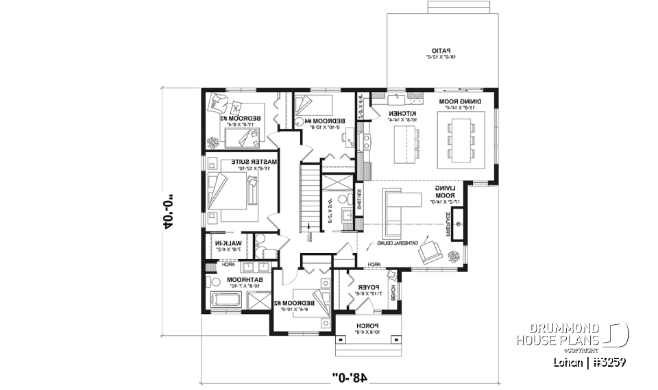1st level - Basement foundation (Optional $) - Single level house plan with 4 bedrooms, 2 bathrooms, kitchen with small pantry and master suite - Lohan