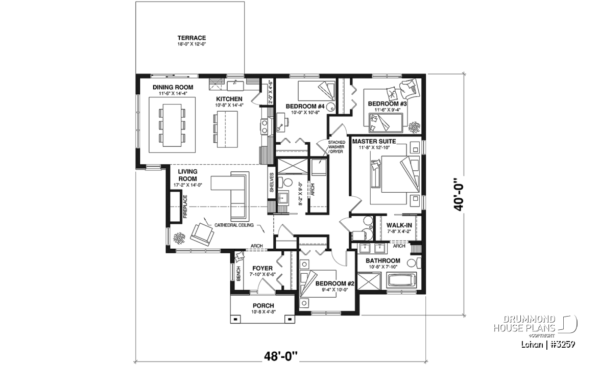 1st level - Slab foundation - Single level house plan with 4 bedrooms, 2 bathrooms, kitchen with small pantry and master suite - Lohan