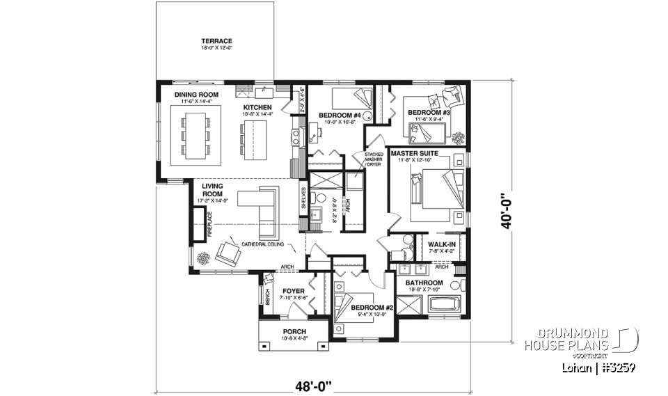 1st level - Slab foundation - Single level house plan with 4 bedrooms, 2 bathrooms, kitchen with small pantry and master suite - Lohan