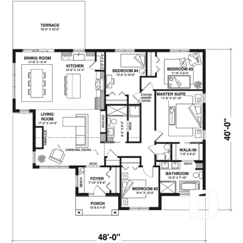 1st level - Slab foundation - Single level house plan with 4 bedrooms, 2 bathrooms, kitchen with small pantry and master suite - Lohan