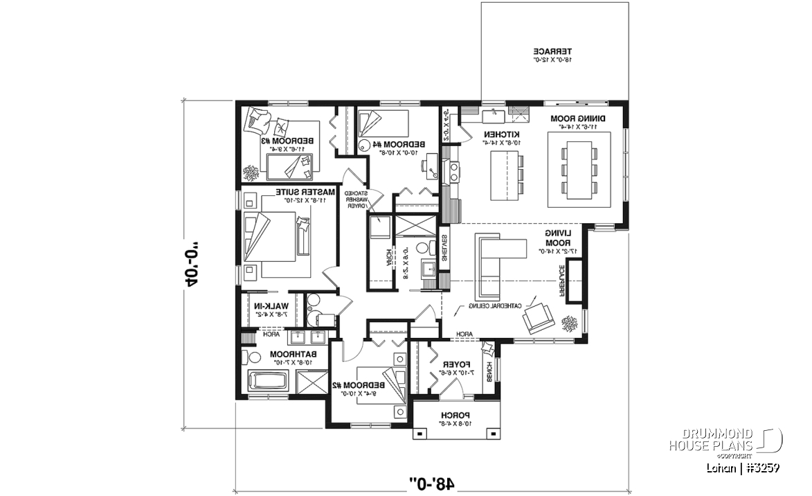 1st level - Slab foundation - Single level house plan with 4 bedrooms, 2 bathrooms, kitchen with small pantry and master suite - Lohan