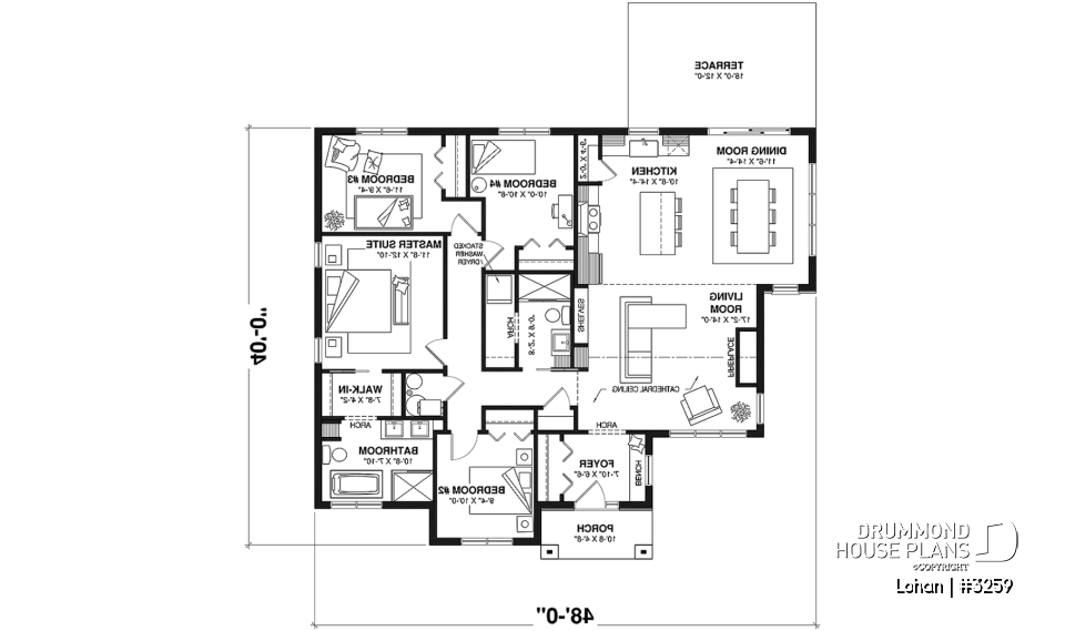 1st level - Slab foundation - Single level house plan with 4 bedrooms, 2 bathrooms, kitchen with small pantry and master suite - Lohan