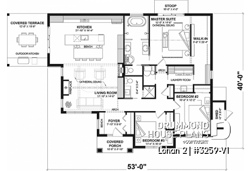 1st level - Spacious single-storey house plan, floating slab, 3 beds, 2 bathrooms, large kitchen island with bench seat - Lohan 2