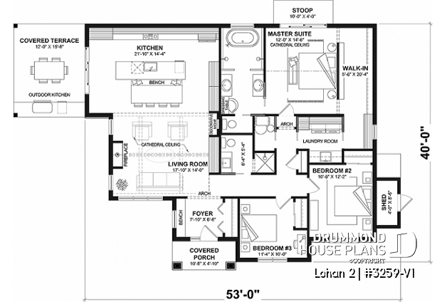 1st level - Spacious single-storey house plan, floating slab, 3 beds, 2 bathrooms, large kitchen island with bench seat - Lohan 2