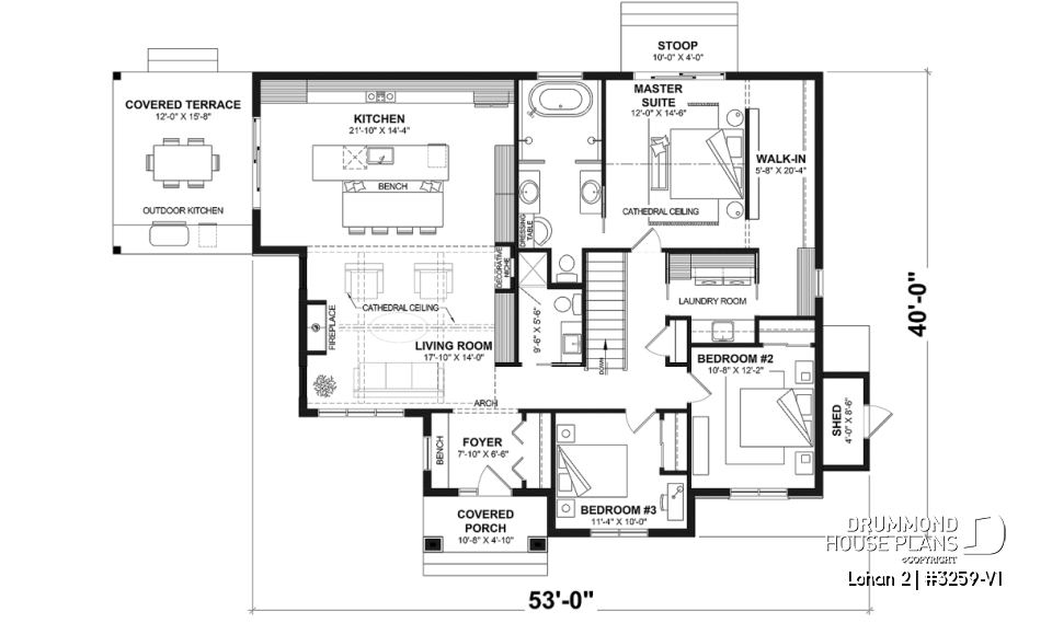 1st level - Basement foundation (Optional $) - Spacious single-storey house plan, floating slab, 3 beds, 2 bathrooms, large kitchen island with bench seat - Lohan 2