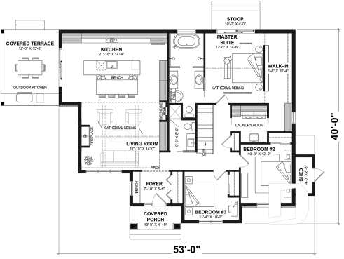 1st level - Basement foundation (Optional $) - Spacious single-storey house plan, floating slab, 3 beds, 2 bathrooms, large kitchen island with bench seat - Lohan 2