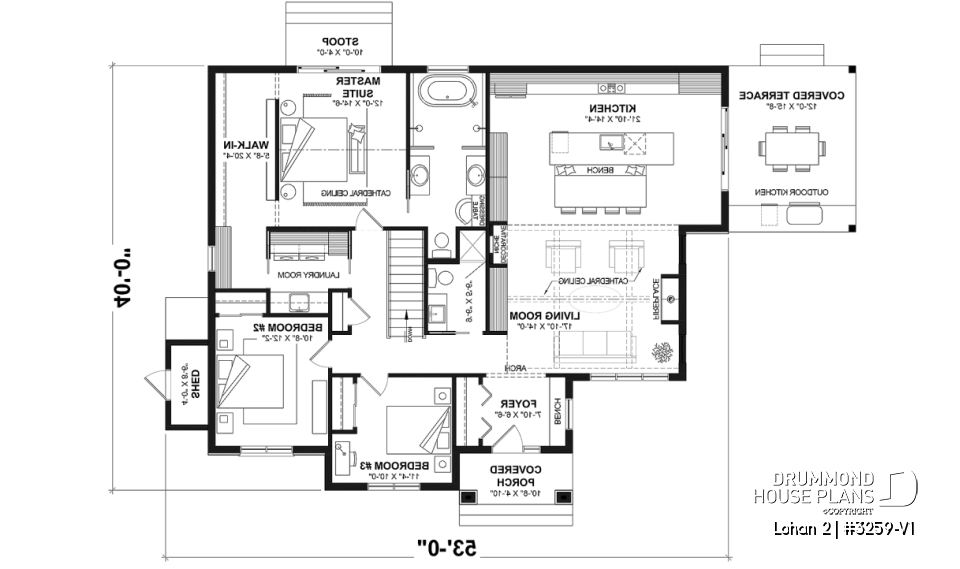 1st level - Basement foundation (Optional $) - Spacious single-storey house plan, floating slab, 3 beds, 2 bathrooms, large kitchen island with bench seat - Lohan 2