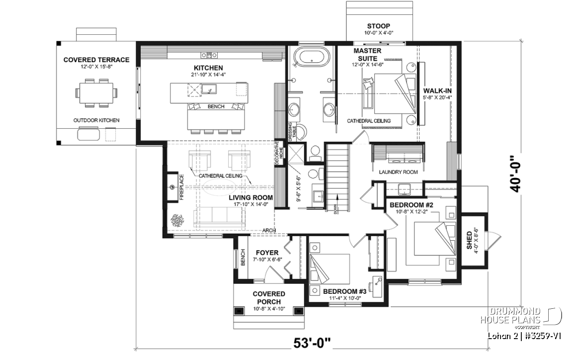 1st level (Optional $) - Spacious single-storey house plan, floating slab, 3 beds, 2 bathrooms, large kitchen island with bench seat - Lohan 2