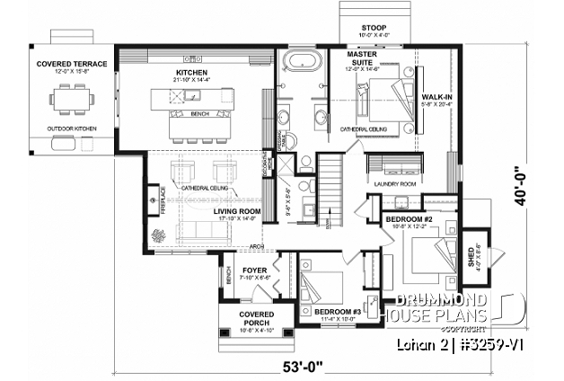 1st level (Optional $) - Spacious single-storey house plan, floating slab, 3 beds, 2 bathrooms, large kitchen island with bench seat - Lohan 2